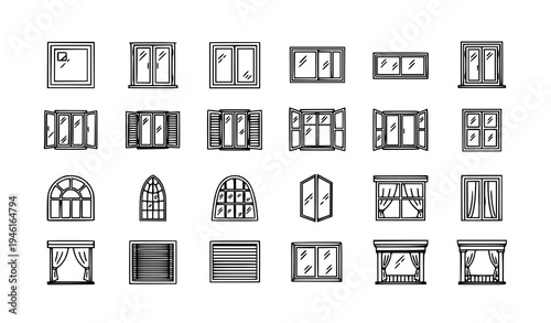 Black outline window icon set with house sliding open arch and balcony window symbols vector pack