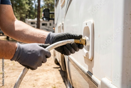 Gloved hands connecting a water hose to a recreational vehicle for fresh water supply