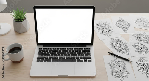 Laptop on wooden desk with black and white tattoo designs and coffee cup in creative workspace. concept of tattoo art, design inspiration, creative process