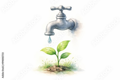 Watercolor illustration of metal tap with falling drop watering small green plant in soil. Ecology concept of saving water and nature