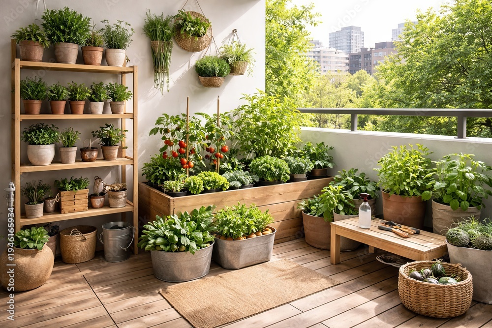 Fototapeta premium Vegetable garden on apartment balcony. Plants in pot and wooden shelf. Urban farming, vegetable growing and hobby concept. Home gardening and greenery with city view. Natural daylight, copy space