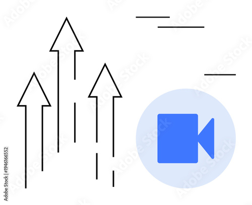 Business growth, digital strategy, video marketing, online communication, media trends, analytics. Graphic with blue video camera icon and rising arrows. Business growth and digital strategy