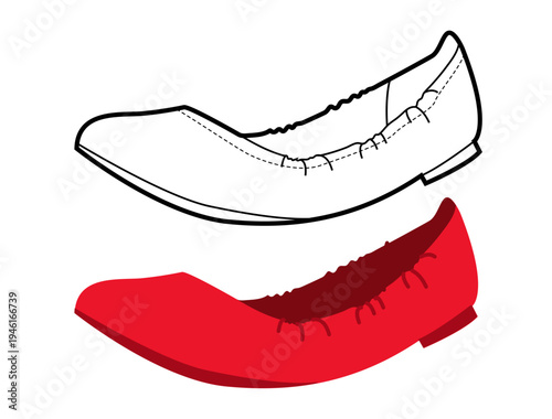 Red pointed ballet flat shoe women flat plus line set. Ruched edge pointed toe footwear for fashion project. Technical fashion illustration CAD mockup mixed vector man unisex isolated stylish style.