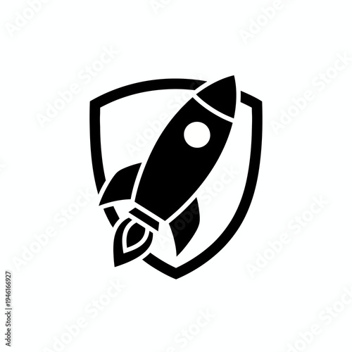 Secure launch icon featuring a rocket within a shield, symbolizing protected innovation, rapid business growth, technological advancement, and reliable startup development