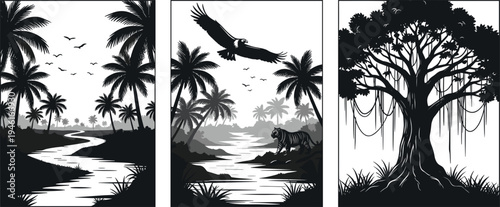 Tropical jungle landscape silhouette collection set featuring river palm trees tiger flying eagle and banyan tree isolated on white background vector illustration for wall art or nature travel design