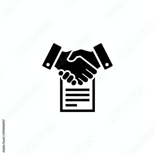 Clean vector icon of a business agreement, featuring a firm handshake over a formal contract document, symbolizing partnership, deal, and negotiation