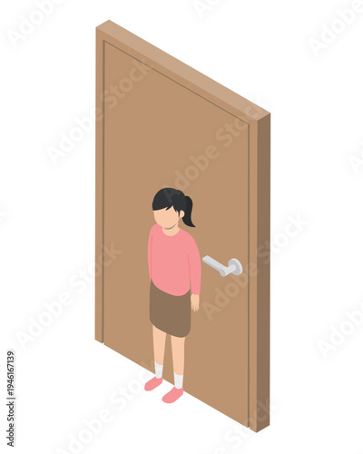 ドアを閉めて抑える女の子・アイソメトリック
