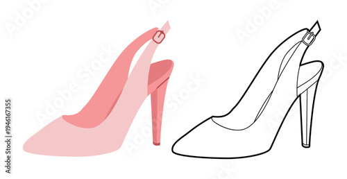 Slingback pump women pink heel flat plus line set. Strap open back dress footwear for party, seaside trip, vacation wardrobe, resort look. Technical illustration, CAD mockup vector men unisex isolated