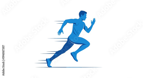 A blue silhouette of a man running quickly with motion lines behind him on a white background.