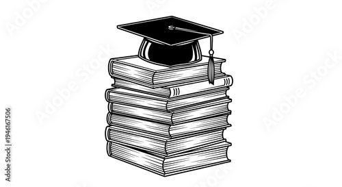 Graduation cap on stack of books hand drawn illustration.