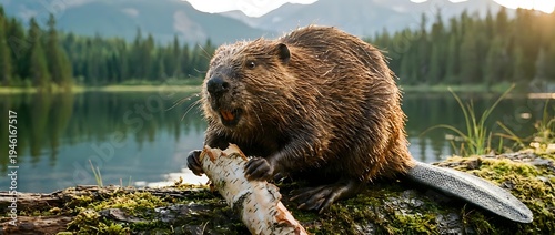 Beaver gnawing on wooden branch by serene mountain lake surrounded by evergreen forest during golden hour sunset creating peaceful wilderness scene.
