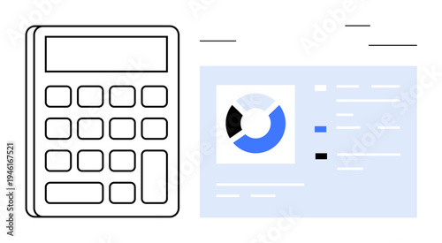 Financial planning. Financial calculator and data visualization with a pie chart analyzing expenses. Financial tools aiding business projections and decision-making. For budgeting, accounting