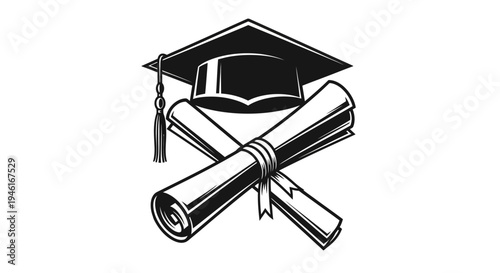 Graduation cap and diploma scrolls academic achievement symbol.