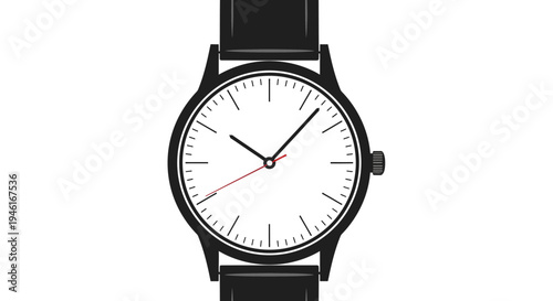 A sleek black wristwatch with a white face and red second hand is shown.