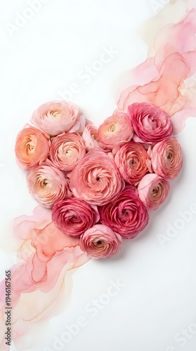 Pink ranunculus flowers arranged in heart shape with watercolor splashes on white background for romantic wedding and Valentine's Day designs.
