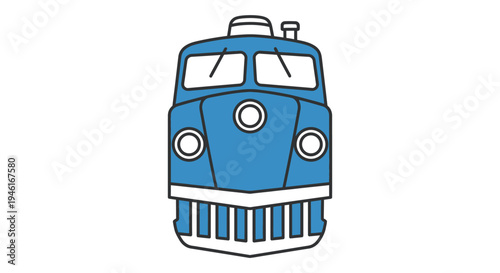 A blue train engine with white accents is shown front on