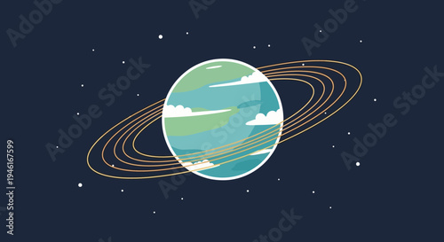 An illustration of a planet with rings and clouds in outer space.