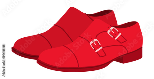 Monkstrap mens red double buckle flat pair. Twin strap leather footwear modern formal smart casual style. Technical fashion illustration CAD mockup sketch vector women unisex isolated.