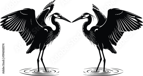 Two black silhouette herons standing in water with wings spread in symmetrical pose nature vector illustration on white background isolated for logo design