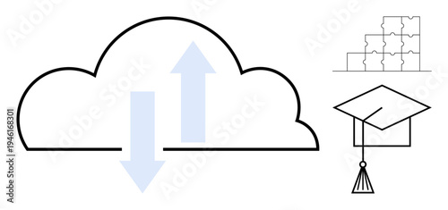 Cloud data storage. Cloud computing and storage ed with icons for education and collaboration, including graduation cap and puzzle pieces. Ideal for technology, e-learning, innovation, teamwork