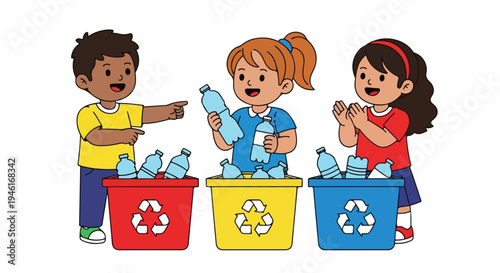 Three children, two boys and a girl, happily sort plastic bottles into distinct red, yellow, and blue recycling bins with prominent symbols, emphasizing environmental education and teamwork.