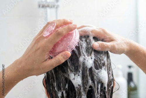 Hands massaging a soapy head of hair with a pink silicone scalp massager brush in the shower