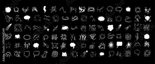 Comic effect manga elements set with white line icons on black background. Glowing doodle bursts clouds, motion trails and speech bubbles for dramatic night scenes, neon posters and animation overlays