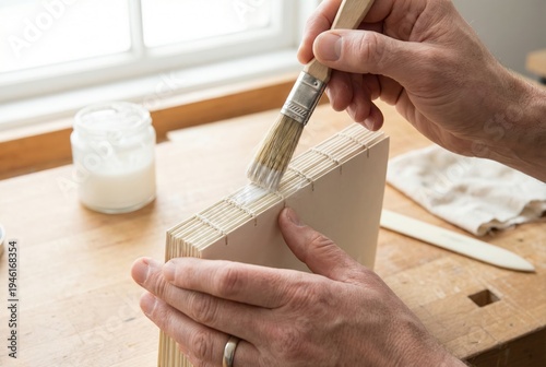 Bookbinder using a brush to apply white glue to the sewn spine of a handmade book