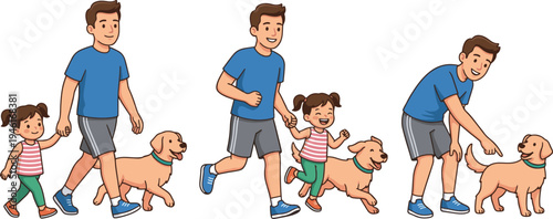 Cartoon illustration set showing a father, little daughter, and their pet dog walking, jogging, and playing together.