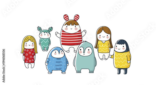 Cute Hand Drawn Cartoon Characters and Animals Illustration.