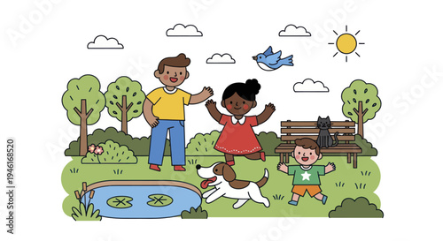 Diverse Children and Dog Playing Happily in a Park.