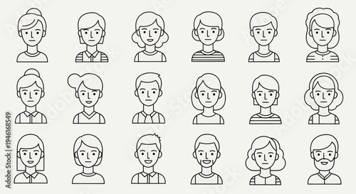Diverse Collection of Minimalist Line Art Avatars Representing Various People.