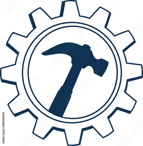Blue hammer centered in white mechanical gear vector illustration EPS PNG file