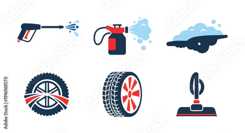 Car Wash Icons Set: Pressure Washer, Foam Sprayer, Bubbles, Tire, Vacuum