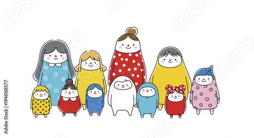 Diverse Group of Adorable Cartoon Characters Standing Together in a Row.