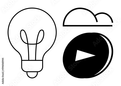 Innovation, creativity, digital media, cloud storage, online streaming, technology concepts. Minimalist design with a lightbulb, cloud and play button. Innovation and digital media concepts
