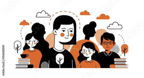 Diverse group of people with books and nature elements.