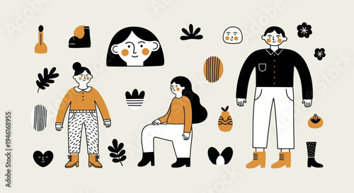 Diverse group of people with various abstract elements and natural motifs.