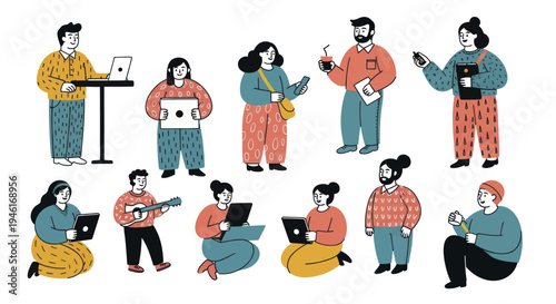 Diverse group of people working and interacting with technology.