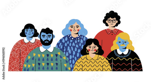 Diverse group of six individuals standing together in colorful sweaters.