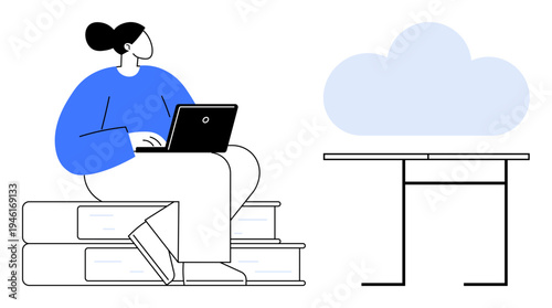 Cloud computing, education, remote work, online learning, digital storage, innovation. Person sitting on books with a laptop, cloud symbol above desk. Cloud computing and education concept