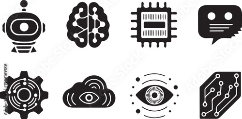 Artificial Intelligence and Future Technology Vector Icon Set Black Silhouette Symbols for Machine Learning and Digital Innovation