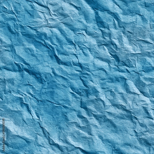 Seamless pattern of plain blue crinkled paper texture with detailed wrinkled surface and realistic folded creases for abstract backgrounds and design mockups