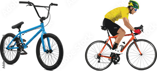 Blue BMX Bike and Road Cyclist on an Orange Bicycle, Sports Cycling Vector Illustration of Types of Bicycles and Riding Styles