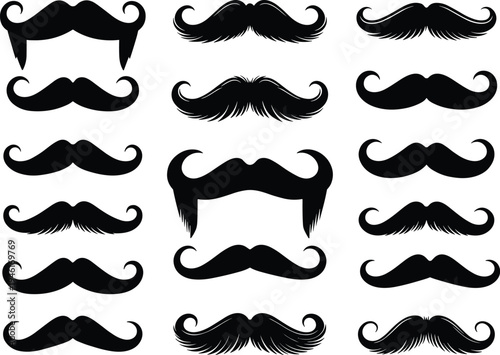 Large collection of black mustache silhouettes in various vintage and modern styles including handlebar and imperial designs isolated on white background for graphic design (25 words)