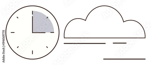 Time management, weather forecast, scheduling, event planning, seasonal changes, climate tracking. Clock symbol beside a cloud. Time management and weather forecast concept
