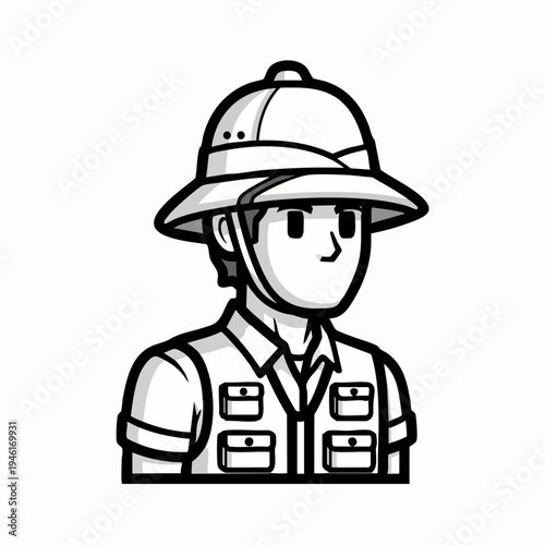 Cartoon Explorer Wearing Pith Helmet and Safari Vest.