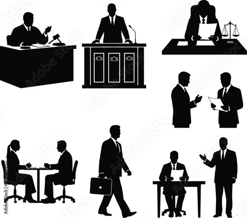 Business professionals in meetings, legal consultation, public speaking, office work, interviews, communication, teamwork, leadership, and corporate interaction silhouette illustration