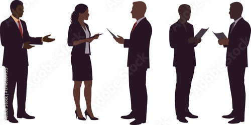Business professionals in silhouette discussing ideas, sharing documents, collaborating in formal attire during corporate meeting or workplace communication scene.