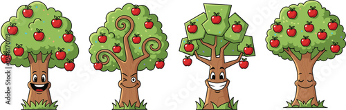 Cartoon apple trees with happy faces, fresh red fruits, nature illustration, cute orchard design, healthy food concept, decorative vector art.